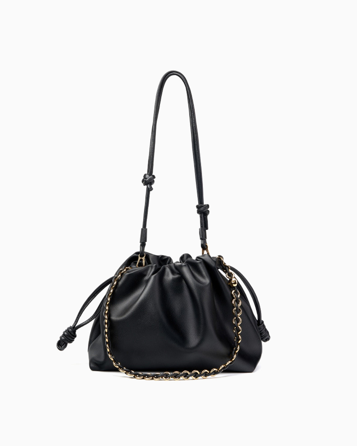 drawstring shoulder bag／black leather Leather Drawstring Shoulder Bag with Gold Chain Accent – BUCKLE