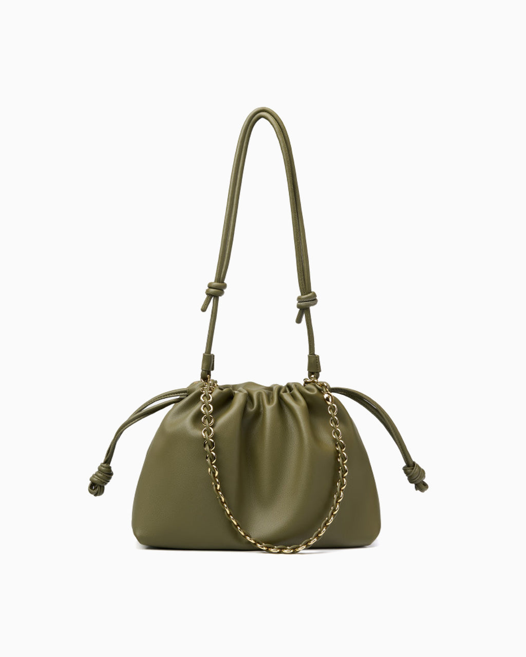 Trendy & Stylish Genuine Leather Drawstring Shoulder Bag with Gold Chain Accent, Matcha Green Color