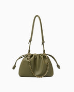 Trendy & Stylish Genuine Leather Drawstring Shoulder Bag with Gold Chain Accent, Matcha Green Color