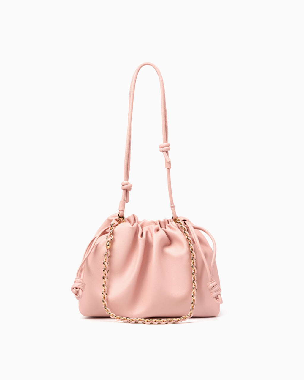 Trendy & Stylish Genuine Leather Drawstring Shoulder Bag with Gold Chain Accent, Light Pink