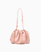 Trendy & Stylish Genuine Leather Drawstring Shoulder Bag with Gold Chain Accent, Light Pink