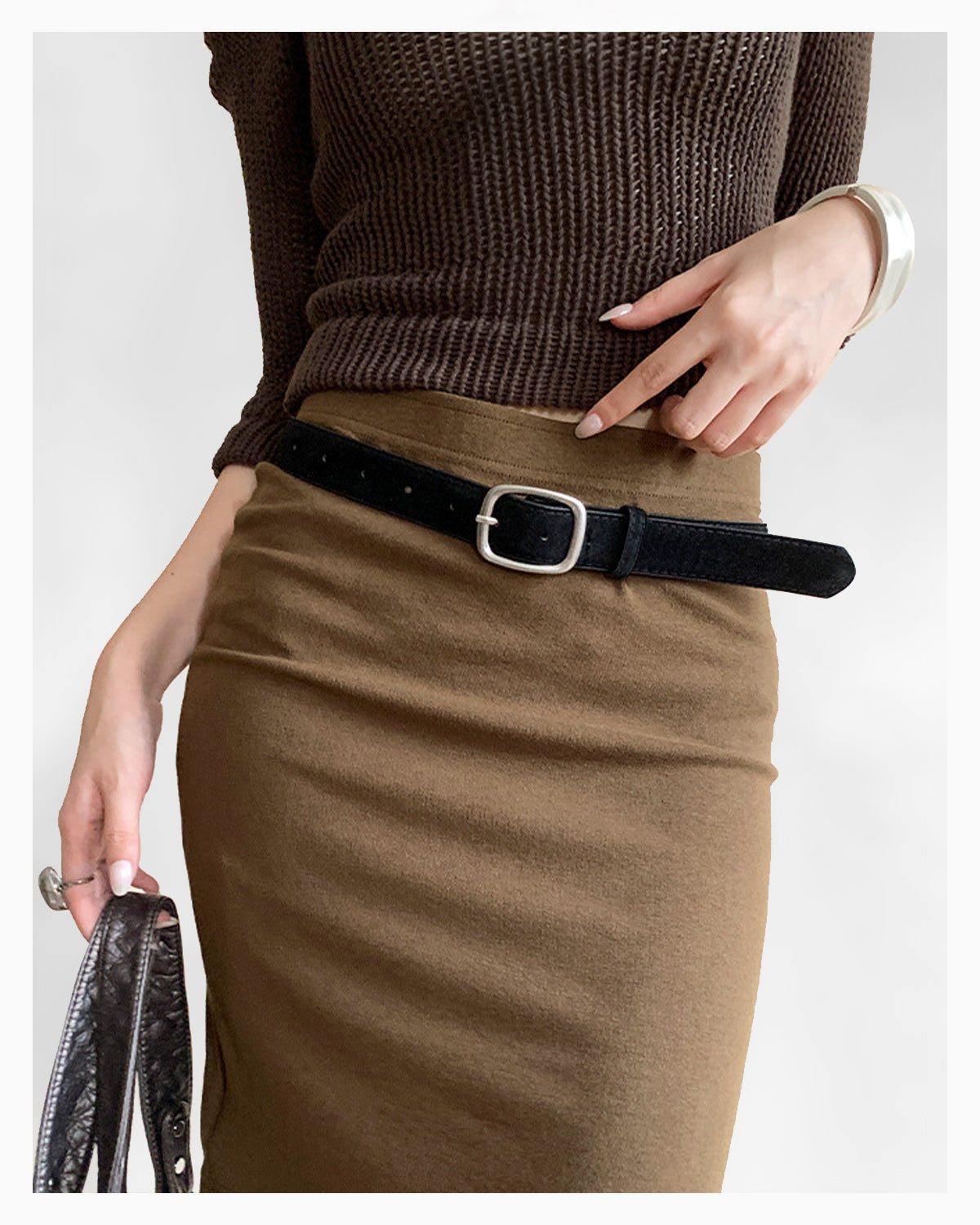 Women's Casual Black Suede Maillard Belt with Silver Rectangular Buckle