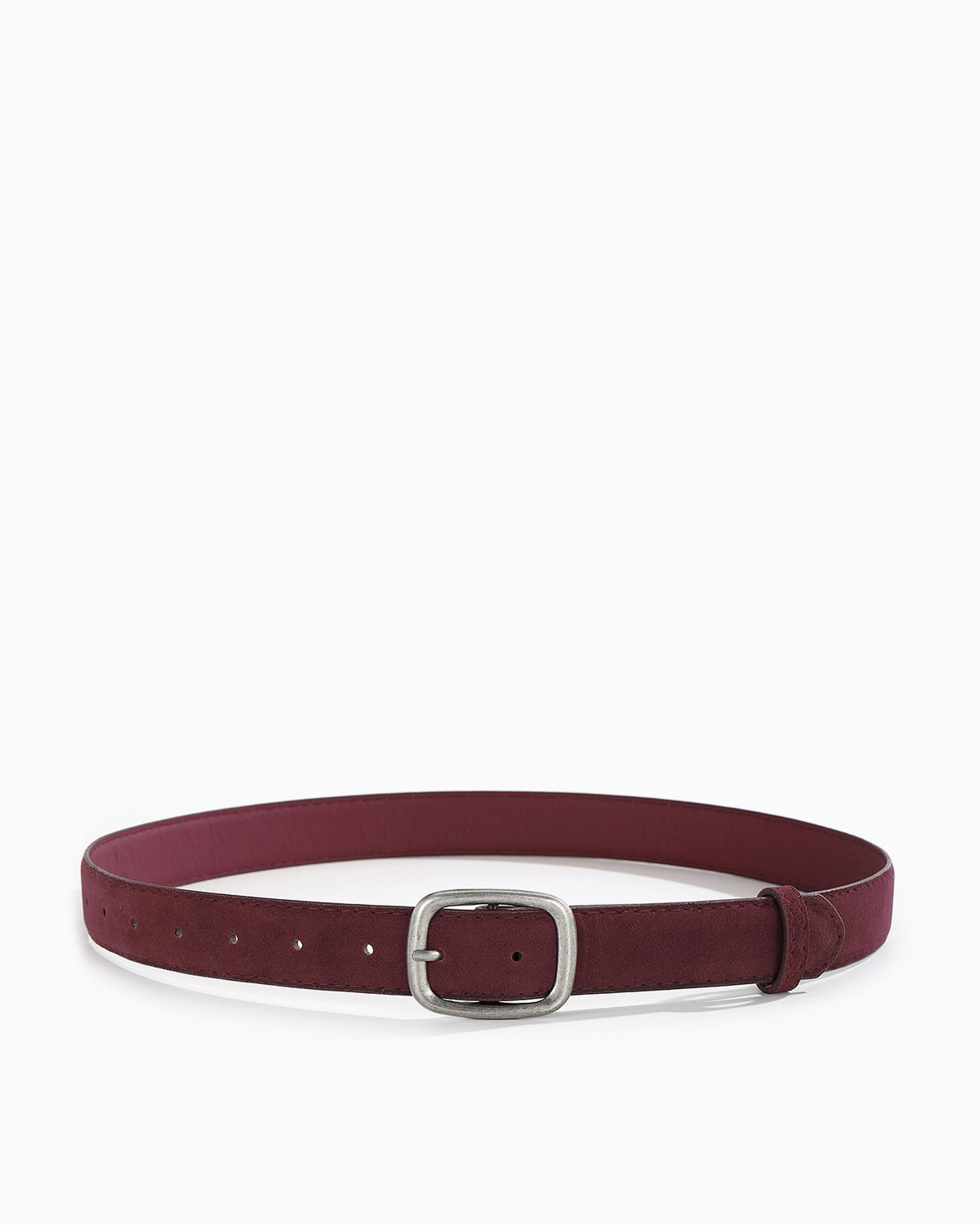 Women's Casual Dark Red Suede Maillard Belt with Silver Rectangular Buckle