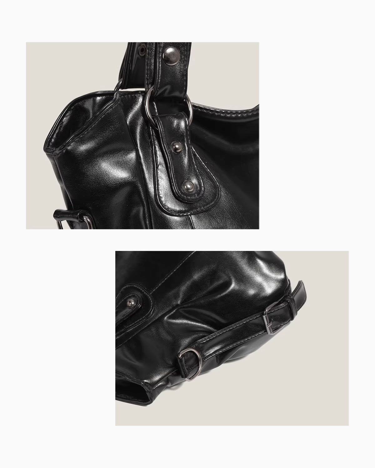 Leather texture and hardware details of  Vegan Leather Shoulder Black Bag with Spacious Interior and Adjustable Strap