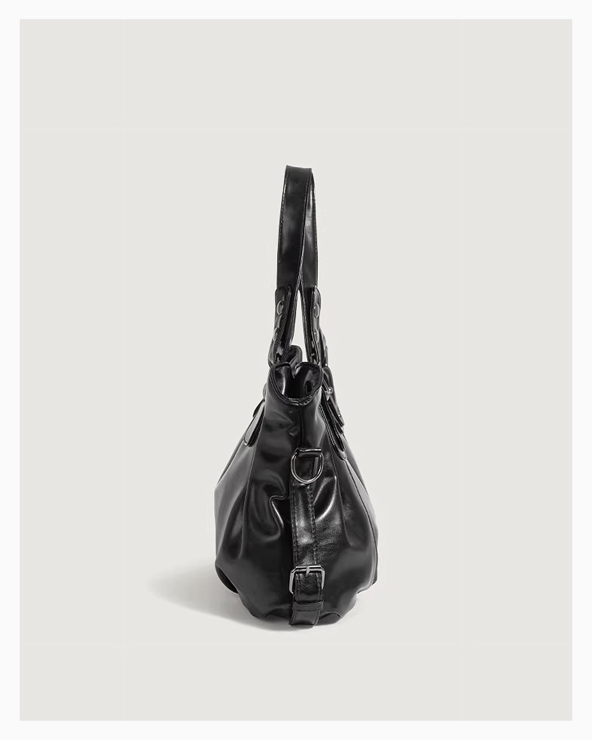 Side view of Vegan Leather Shoulder Black Bag with Spacious Interior and Adjustable Strap
