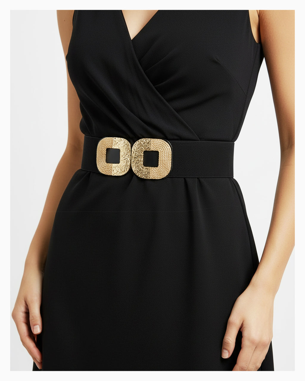 Women’s Black Wide Elastic Belt with Gold Buckle