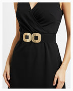 Women’s Black Wide Elastic Belt with Gold Buckle