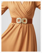 Women’s Orange Wide Elastic Belt with Gold Buckle