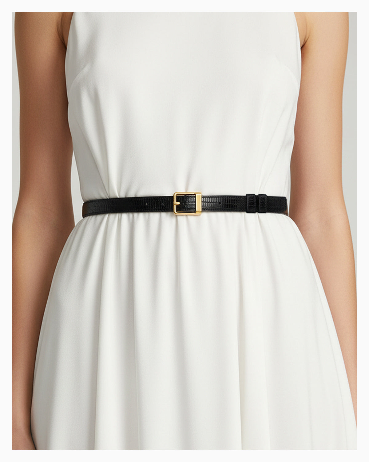 Women's Classic Textured Genuine Leather Black Belt with Gold Buckle