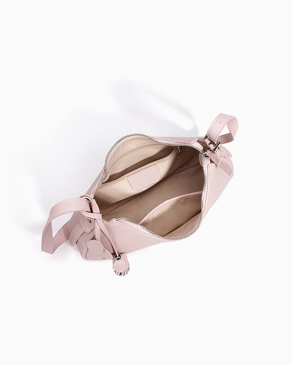 Compartment details of the Genuine Leather Crescent Baguette Shoulder Bag in a Peach Pink Color