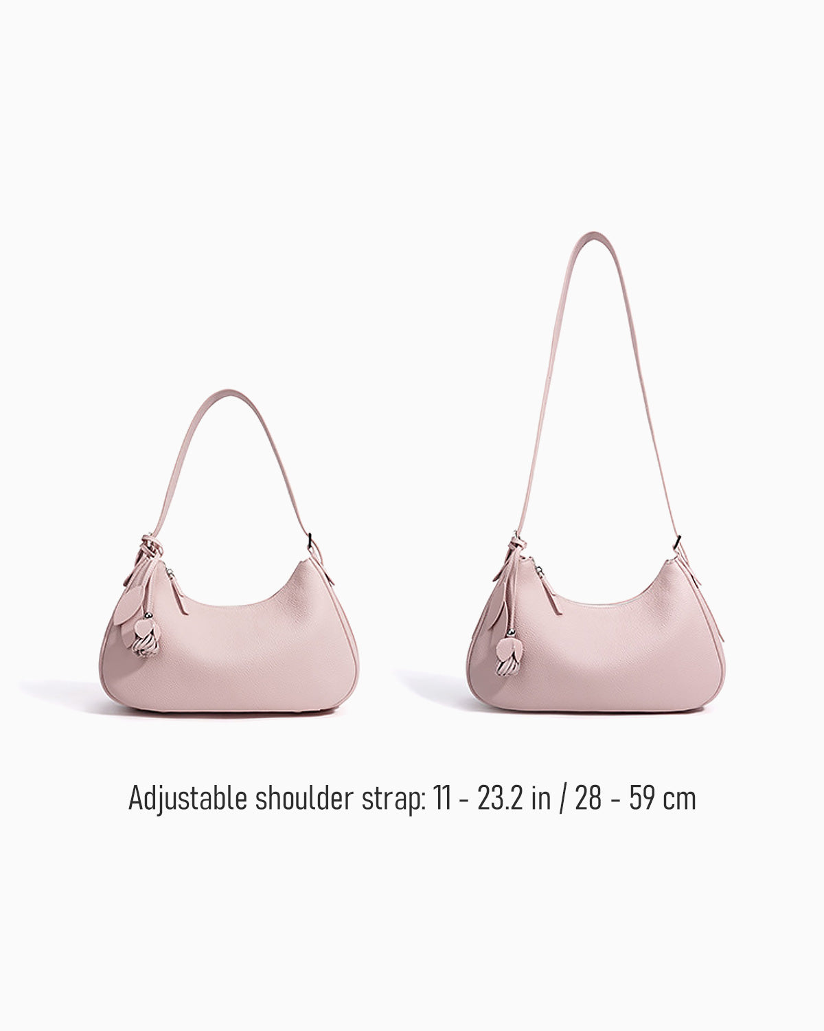 Adjustable strap details of the Genuine Leather Crescent Baguette Shoulder Bag in a Peach Pink Color
