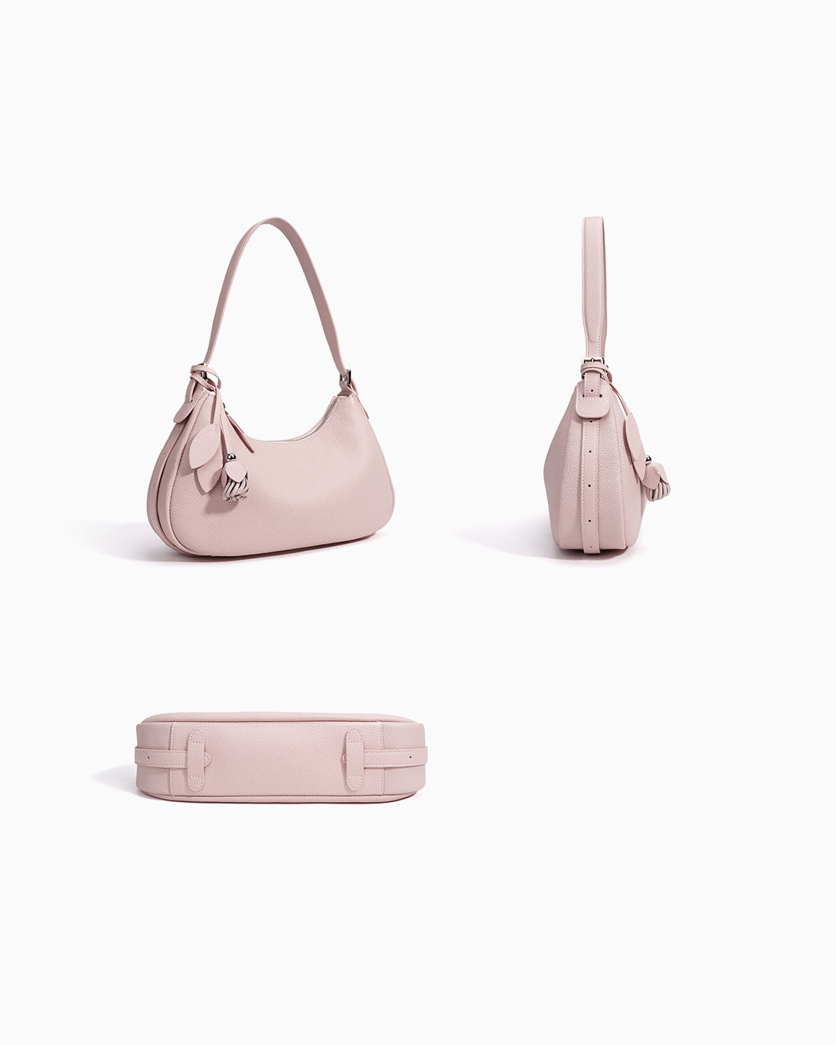 Front, side, and bottom views of the Genuine Leather Crescent Baguette Shoulder Bag in a Peach Pink Color