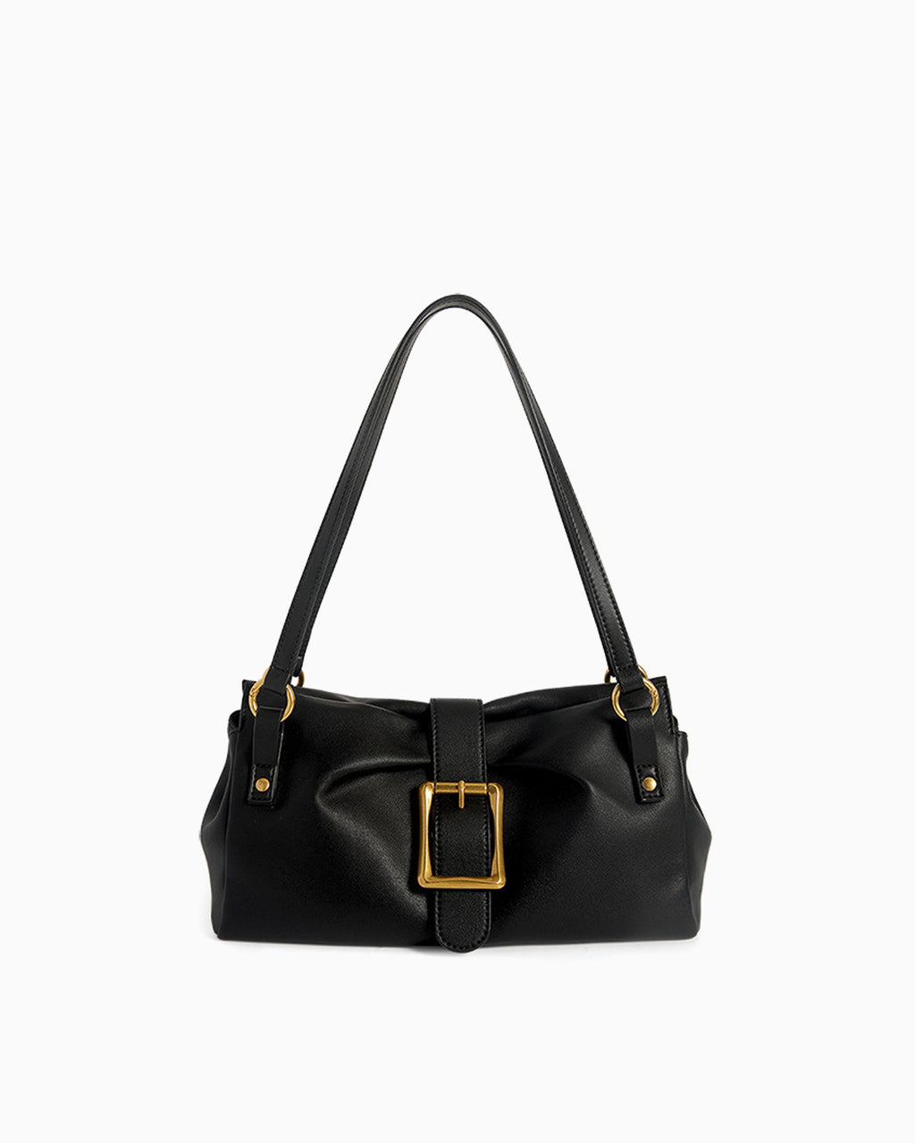 Women's Elegant Genuine Leather Shoulder Black Bag with Gold Buckle