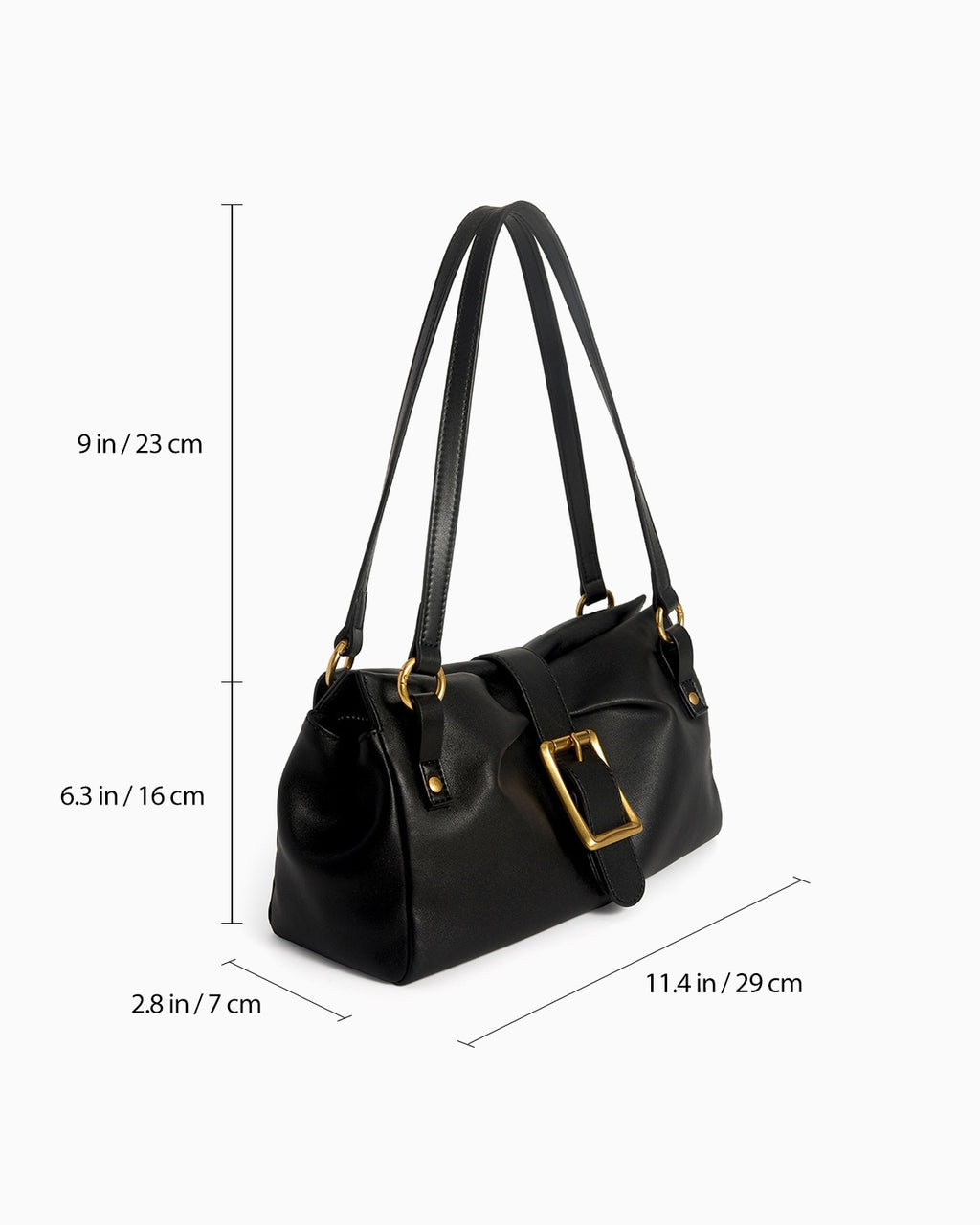 Dimensions of the Women's Elegant Genuine Leather Shoulder Black Bag with Gold Buckle