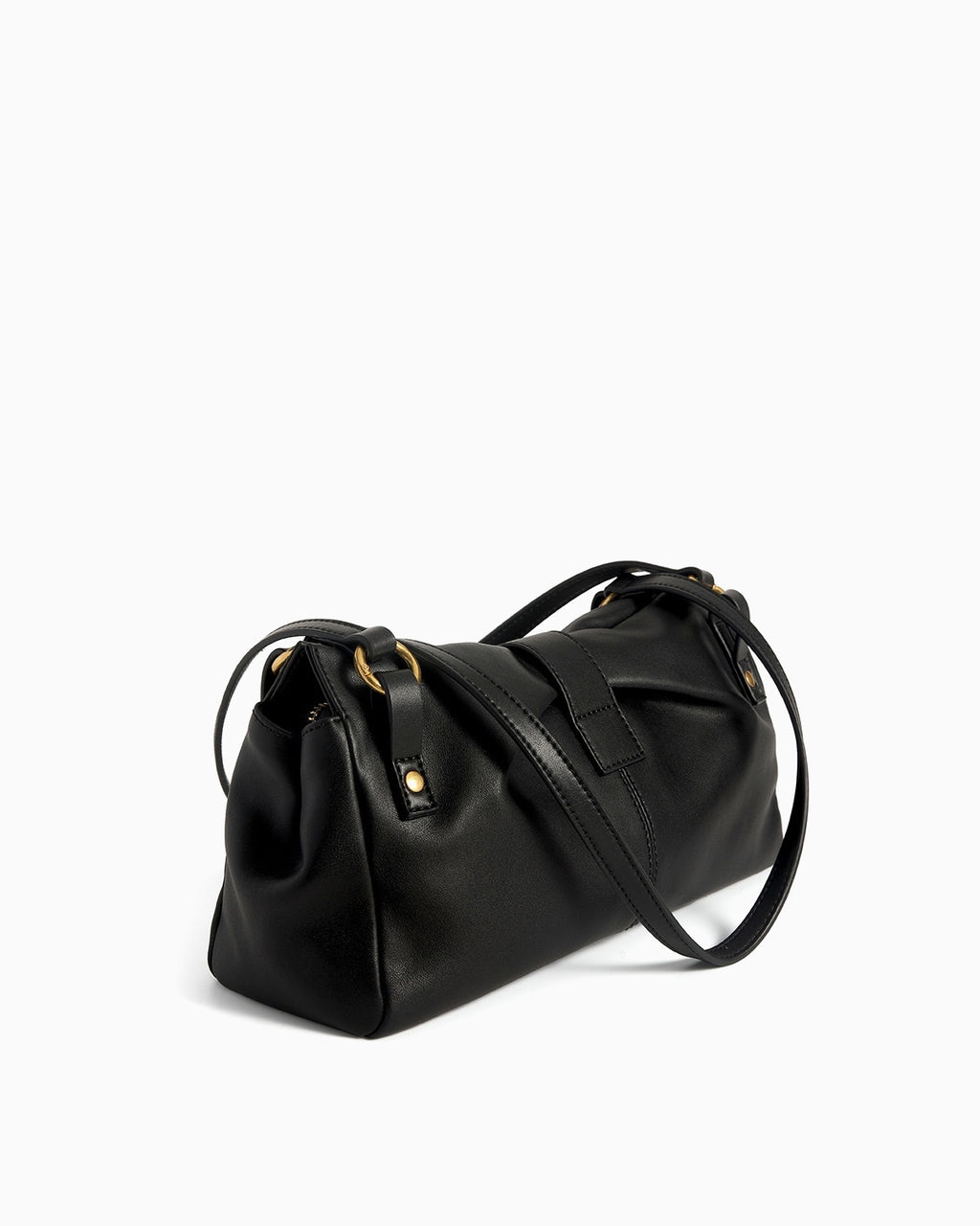 Side view of the Women's Elegant Genuine Leather Shoulder Black Bag with Gold Buckle