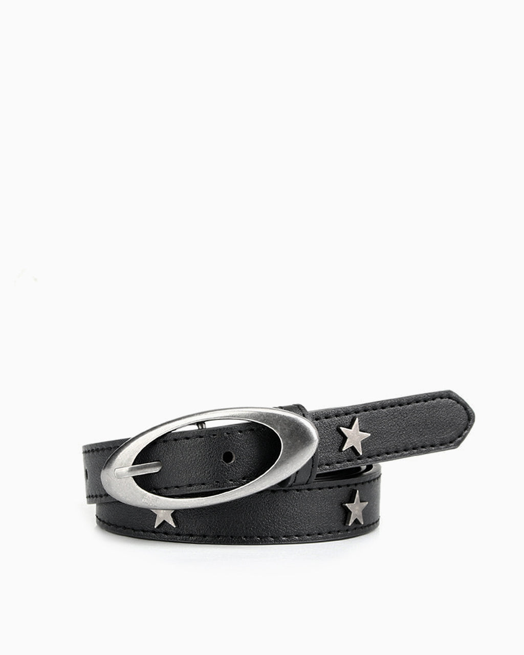 Women's Black Leather Belt with Silver Oval Buckle and Star Studs