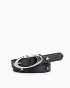 Women's Black Leather Belt with Silver Oval Buckle and Star Studs