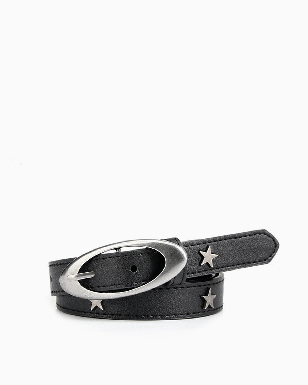 Women's Black Leather Belt with Silver Oval Buckle and Star Studs