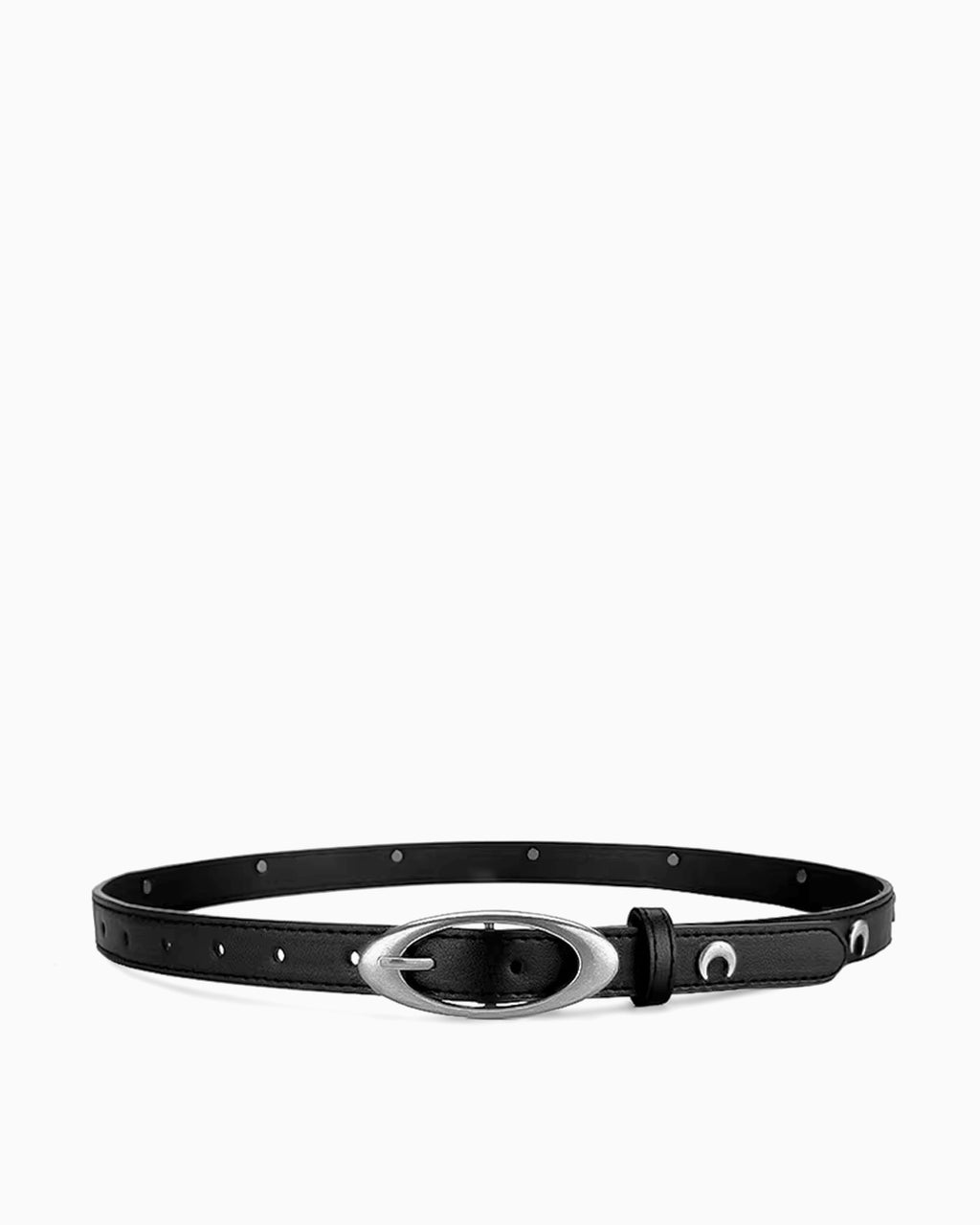 Women's Black Leather Belt with Silver Oval Buckle and Moon Studs
