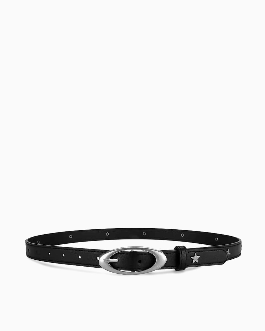 Women's Black Leather Belt with Silver Oval Buckle and Star Studs