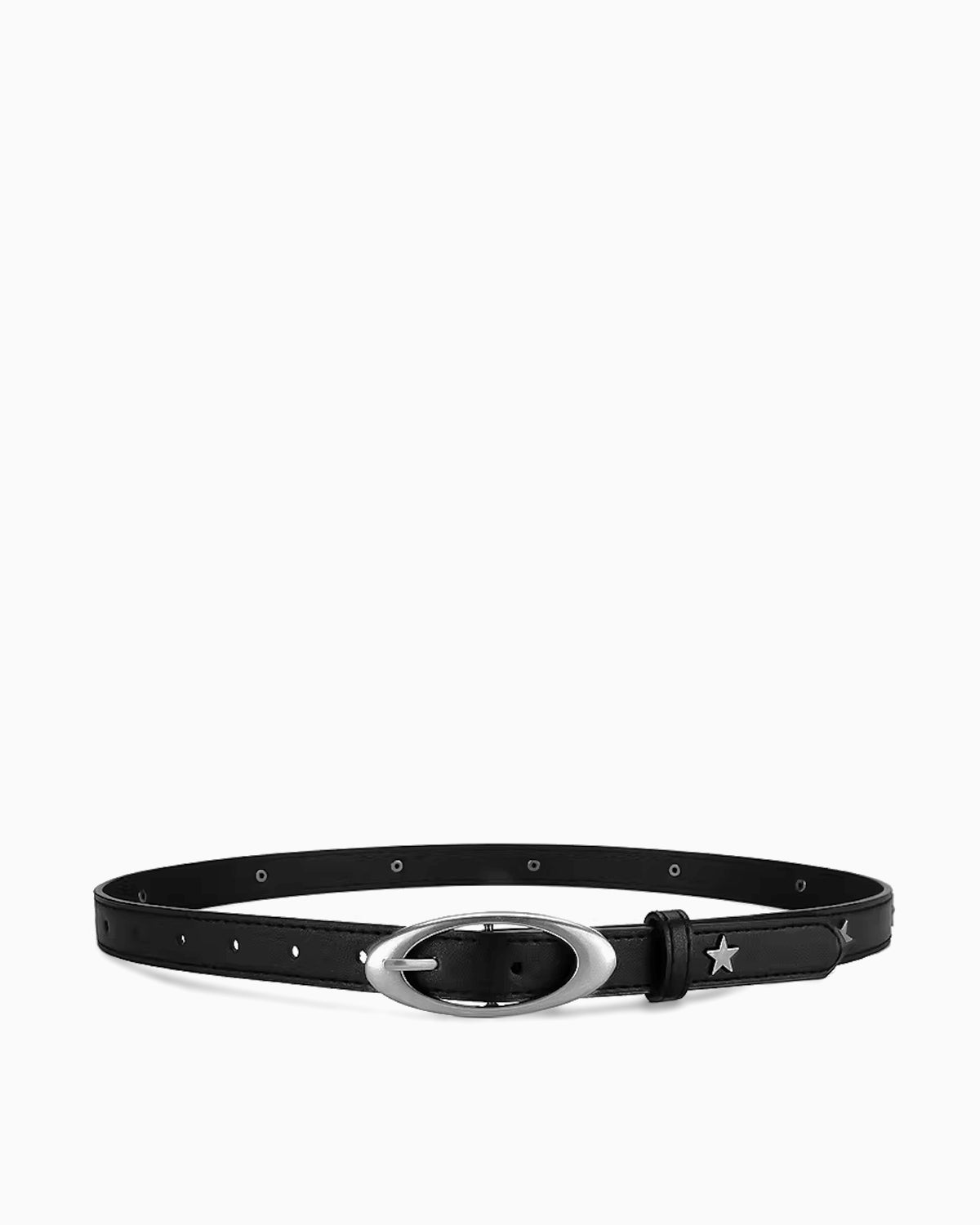 Women's Black Leather Belt with Silver Oval Buckle and Star Studs