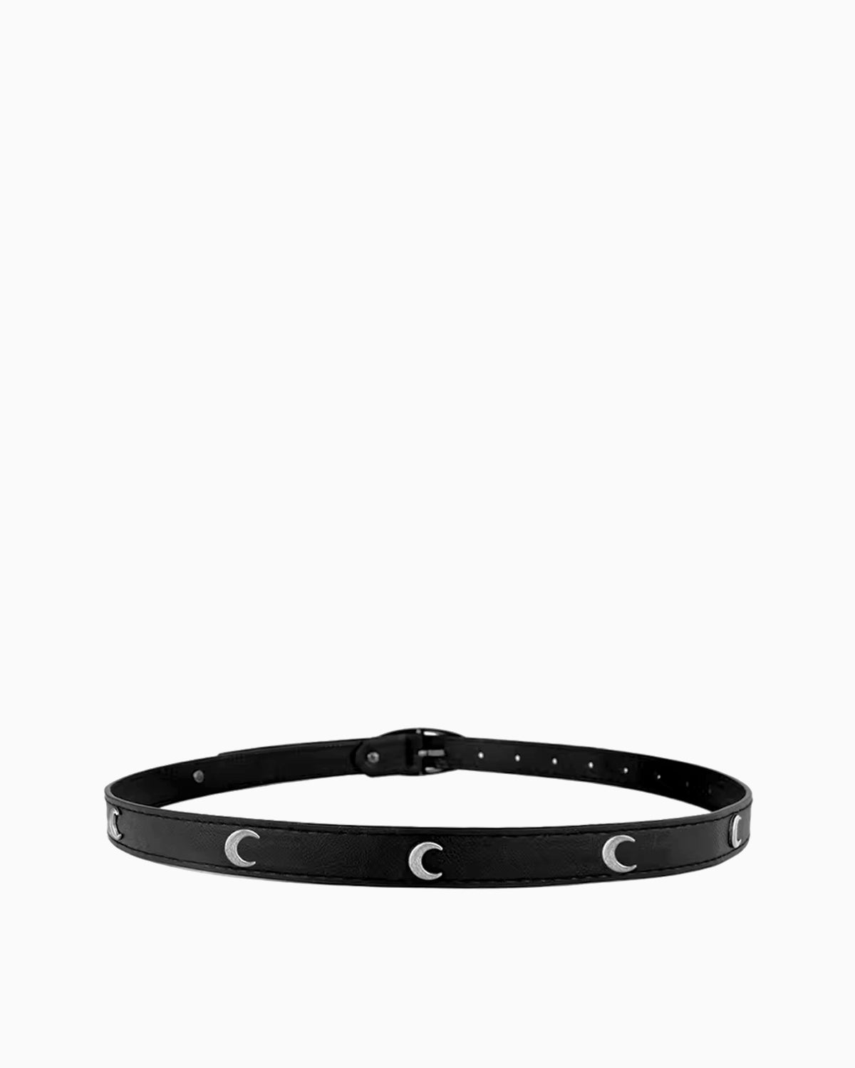 Women's Black Leather Belt with Silver Oval Buckle and Moon Studs