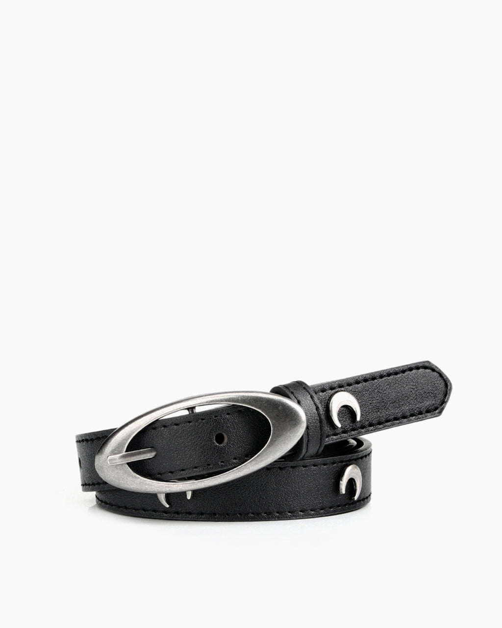 Women's Black Leather Belt with Silver Oval Buckle and Moon Studs
