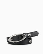 Women's Black Leather Belt with Silver Oval Buckle and Moon Studs