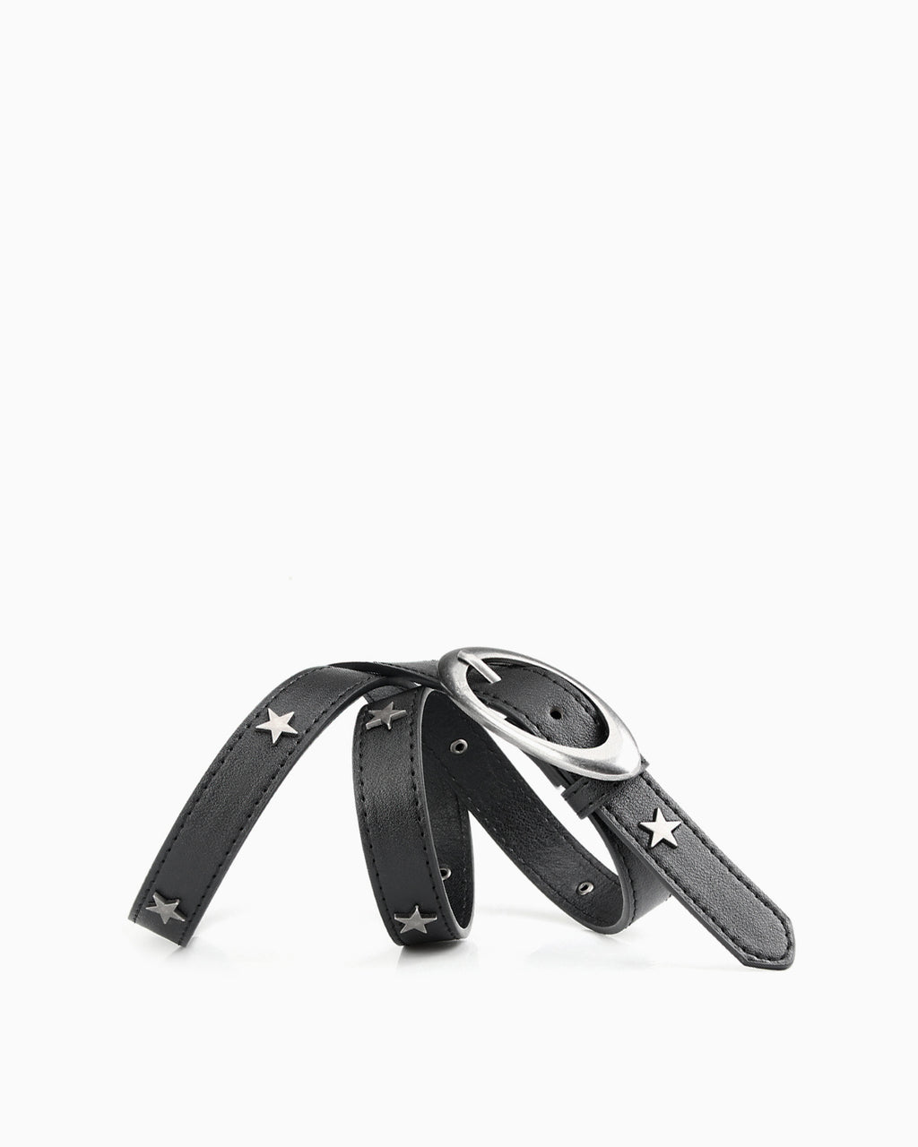 Women's Black Leather Belt with Silver Oval Buckle and Star Studs