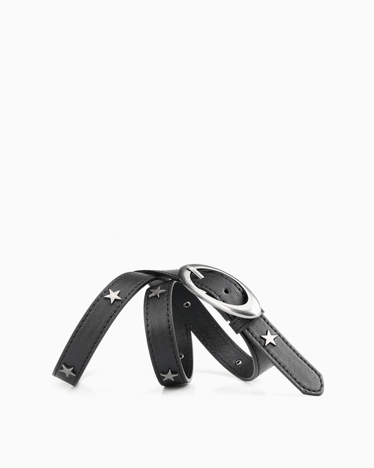 Women's Black Leather Belt with Silver Oval Buckle and Star Studs