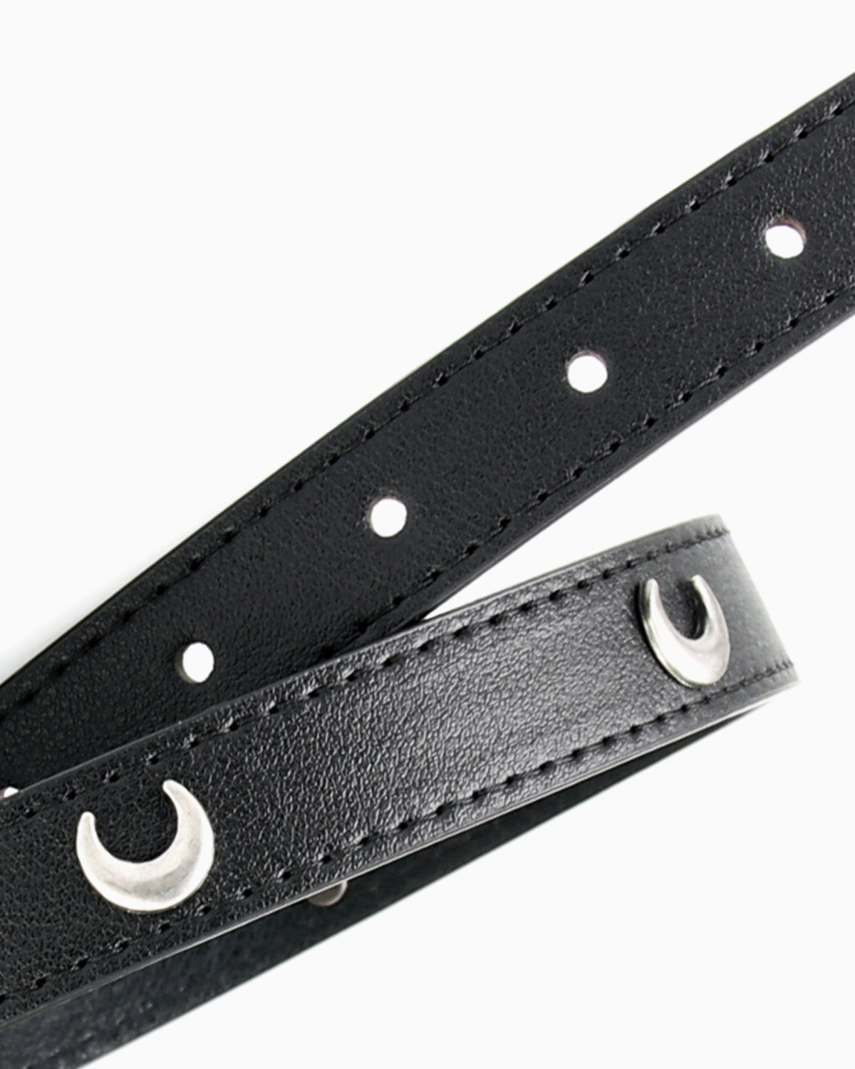 Women's Black Leather Belt with Silver Oval Buckle and Moon Studs