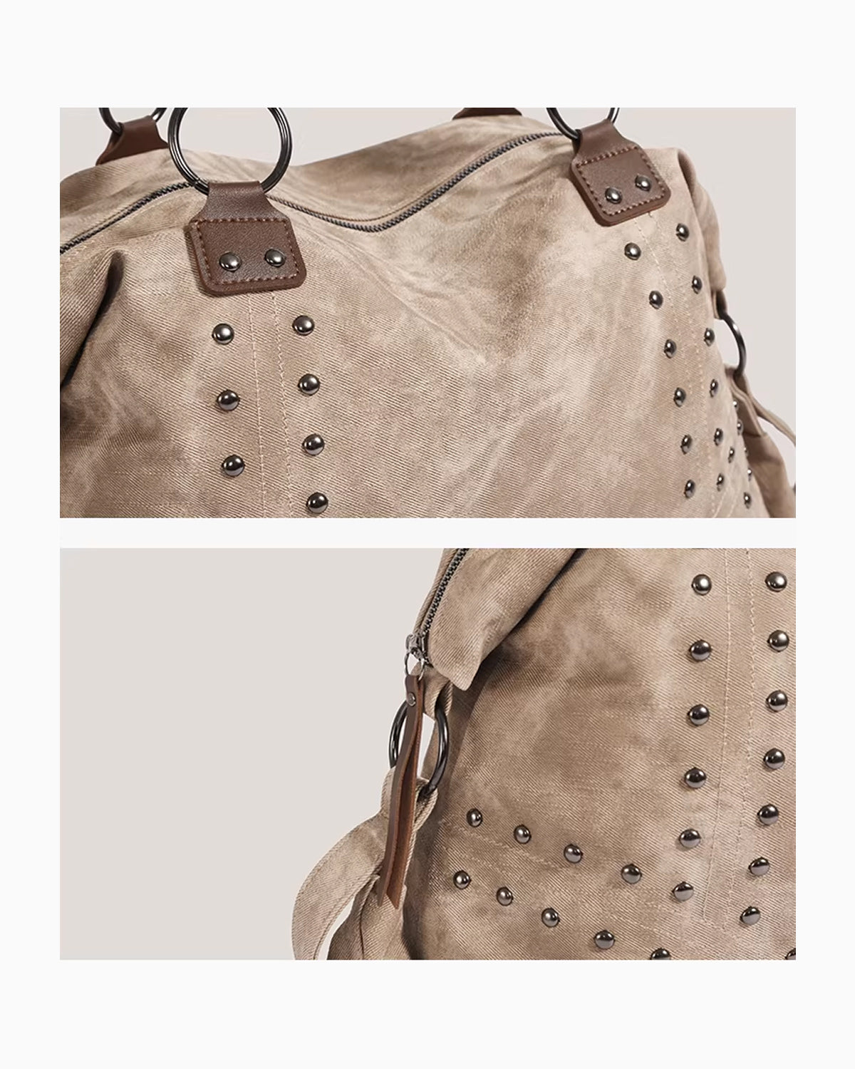Texture and hardware details of the Women’s Studded Handbag, Elegant & Versatile Tote, Khaki color