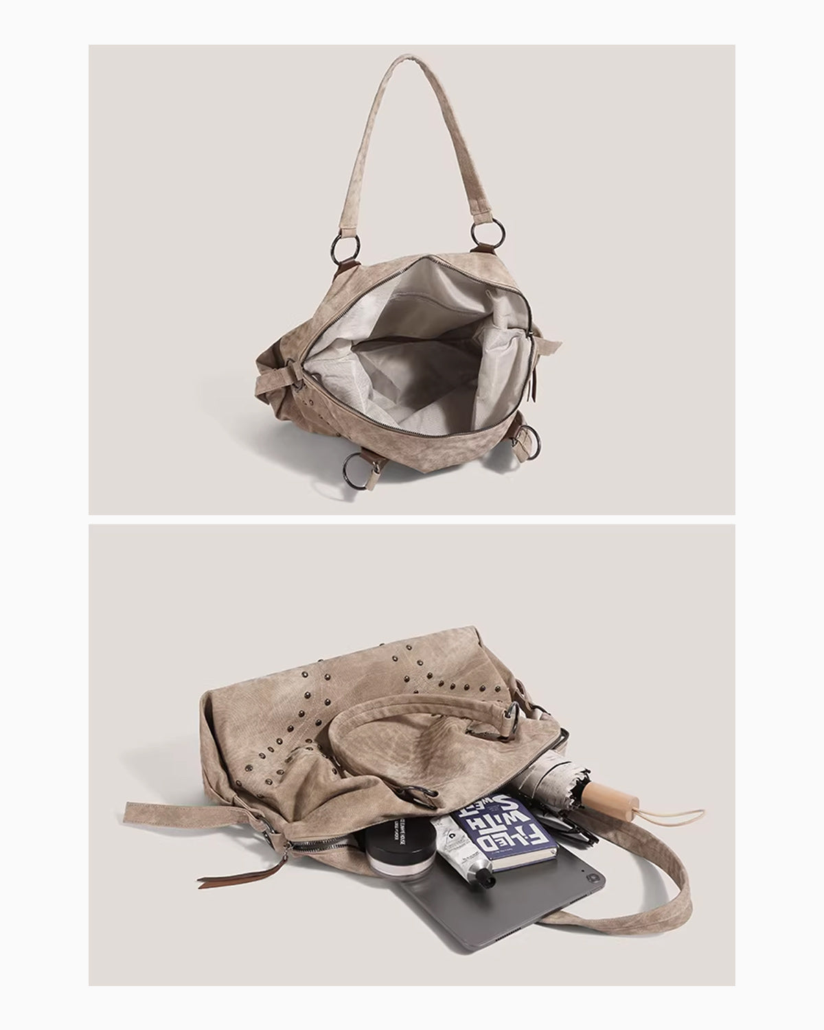 Compartment details of the Women’s Studded Handbag, Elegant & Versatile Tote, Khaki color
