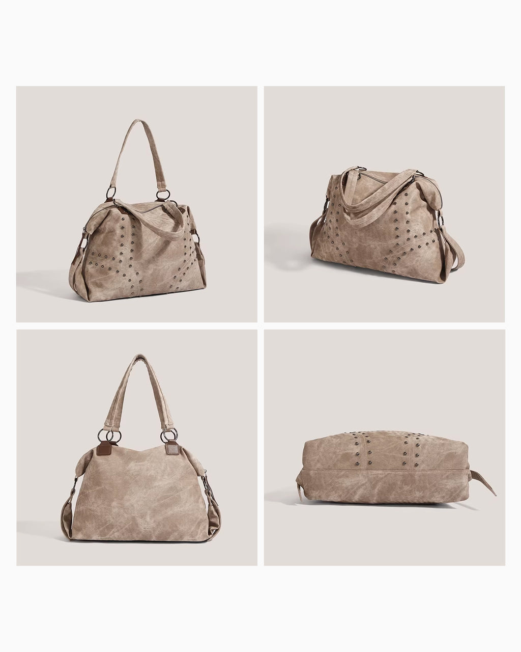 Side, back, and bottom views of the Women’s Studded Handbag, Elegant & Versatile Tote, Khaki colors