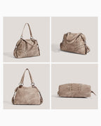 Side, back, and bottom views of the Women’s Studded Handbag, Elegant & Versatile Tote, Khaki colors