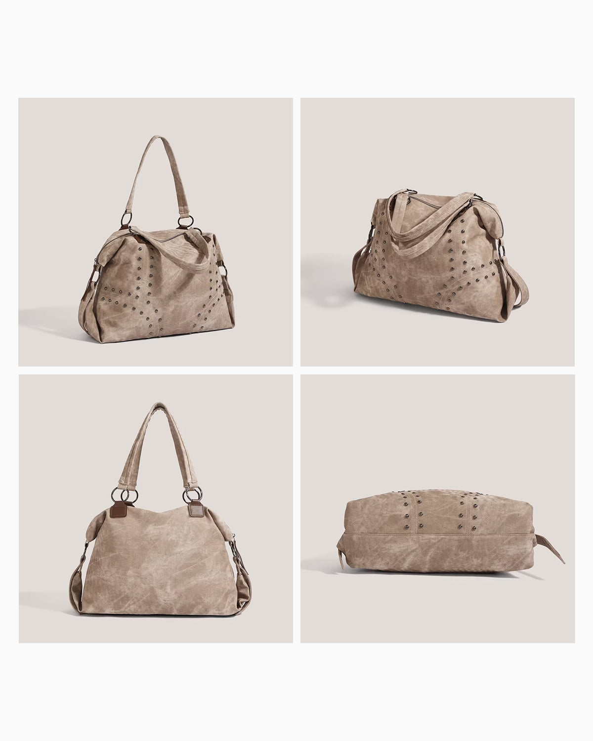 Side, back, and bottom views of the Women’s Studded Handbag, Elegant & Versatile Tote, Khaki colors