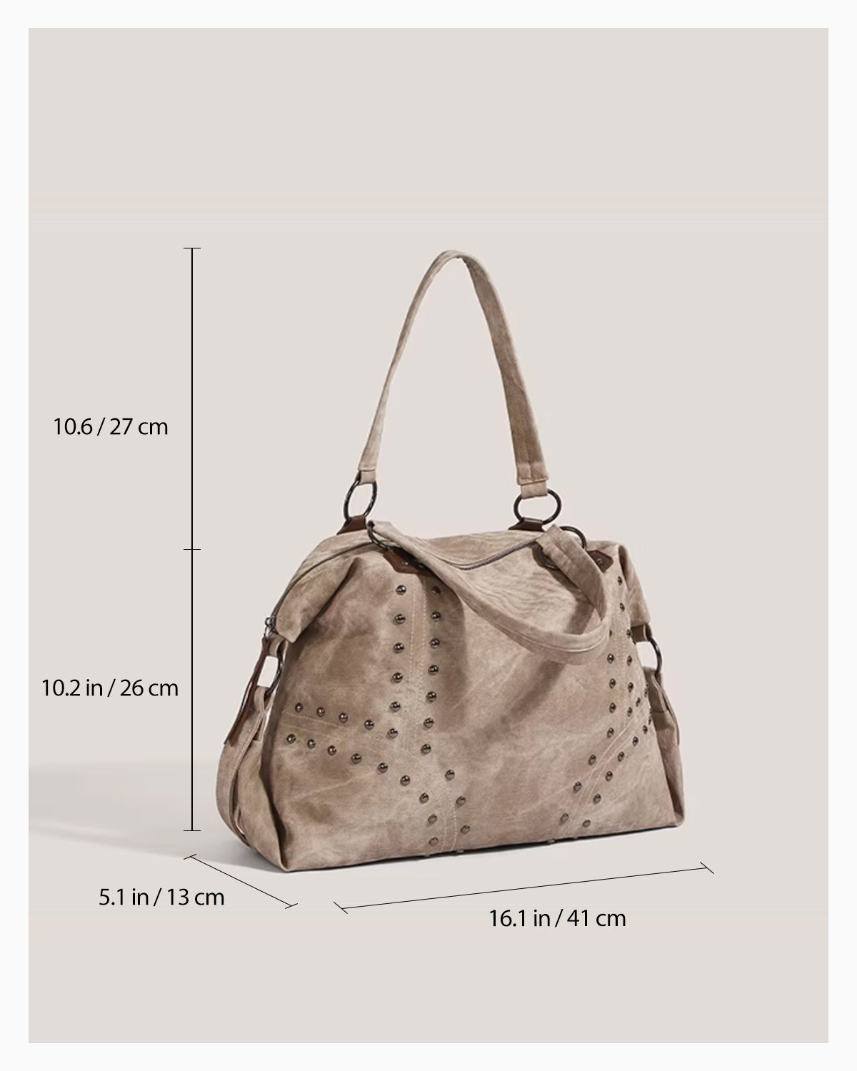 Dimensions of the Studded Handbag, Elegant & Versatile Tote, Khaki color