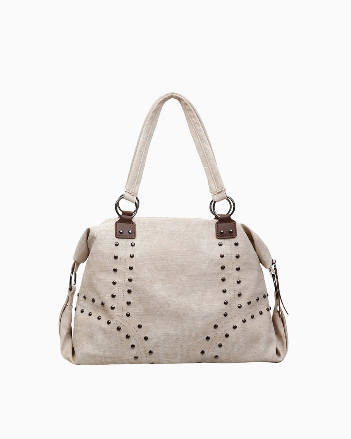 A light beige tote commuter handbag with dark brown leather accents and metal studs, shown against a plain white background.