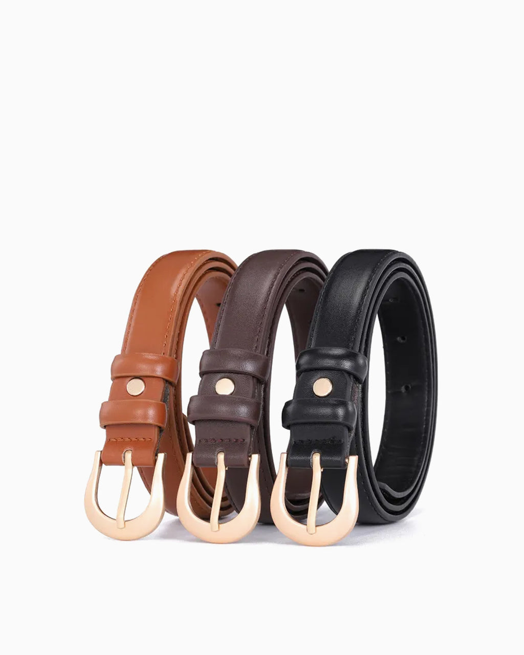 Women's Elegant Belts with Gold Curved Buckle, Camel, Brown, Black colors