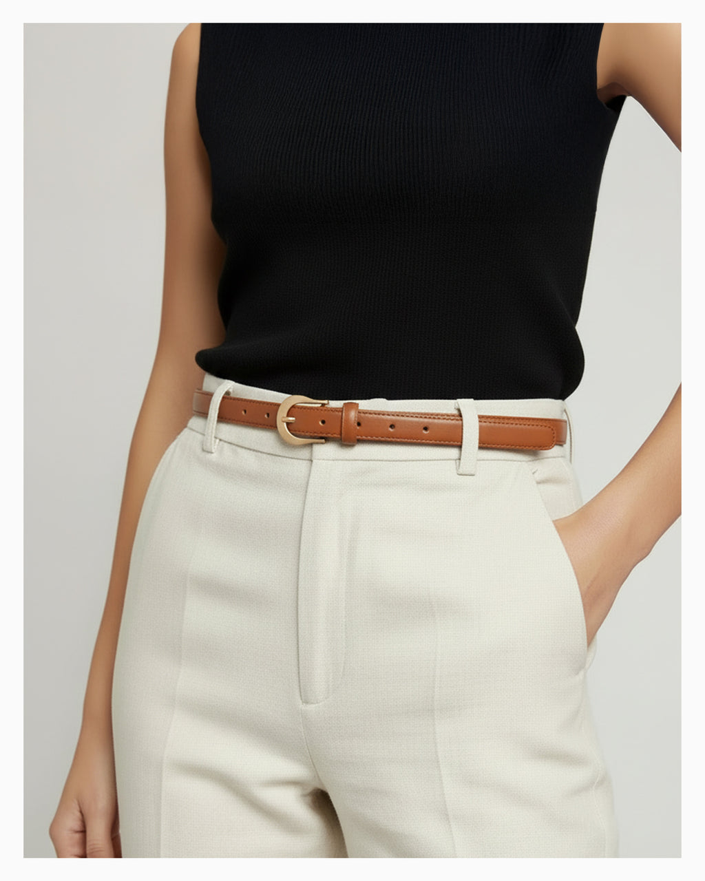 Women's Elegant Camel Belt with Gold Curved Buckle