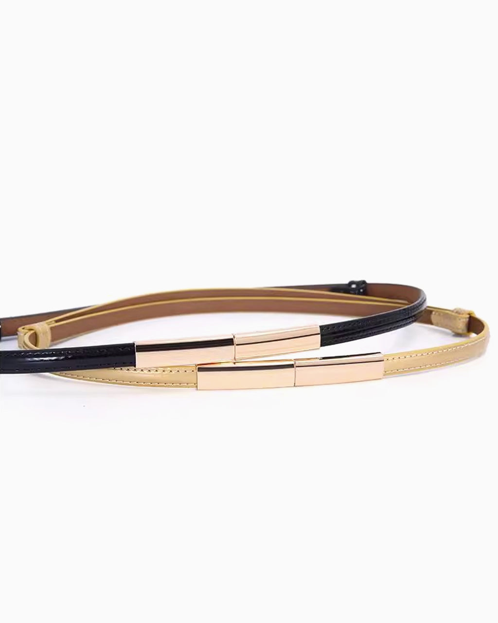 Women's Slim Black Genuine Leather Belt with Gold Clasp
