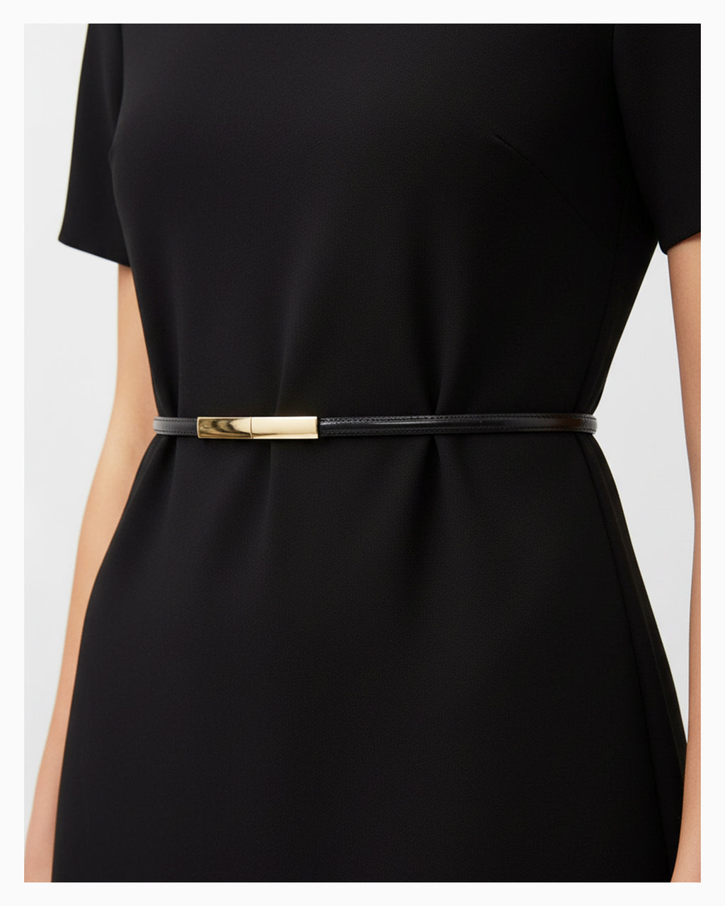 Women's Slim Black Genuine Leather Belt with Gold Clasp