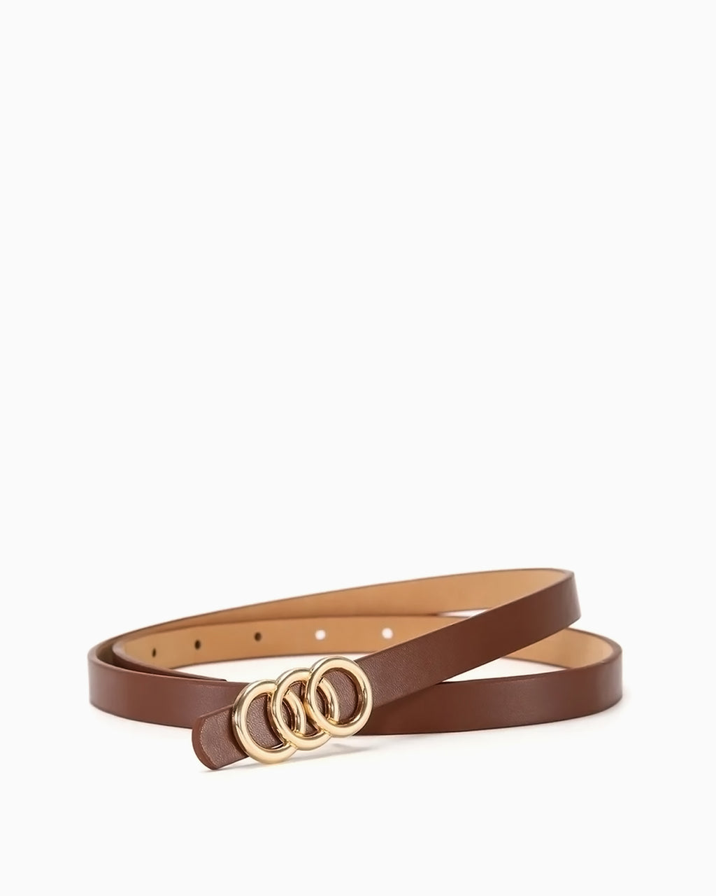 Women's Classic Belt with Triple Gold Ring Buckle, Brown