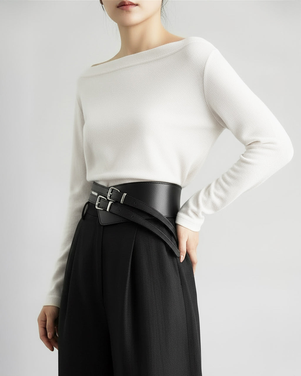 Statement Chic Double Buckle Waist Belt, Black Color