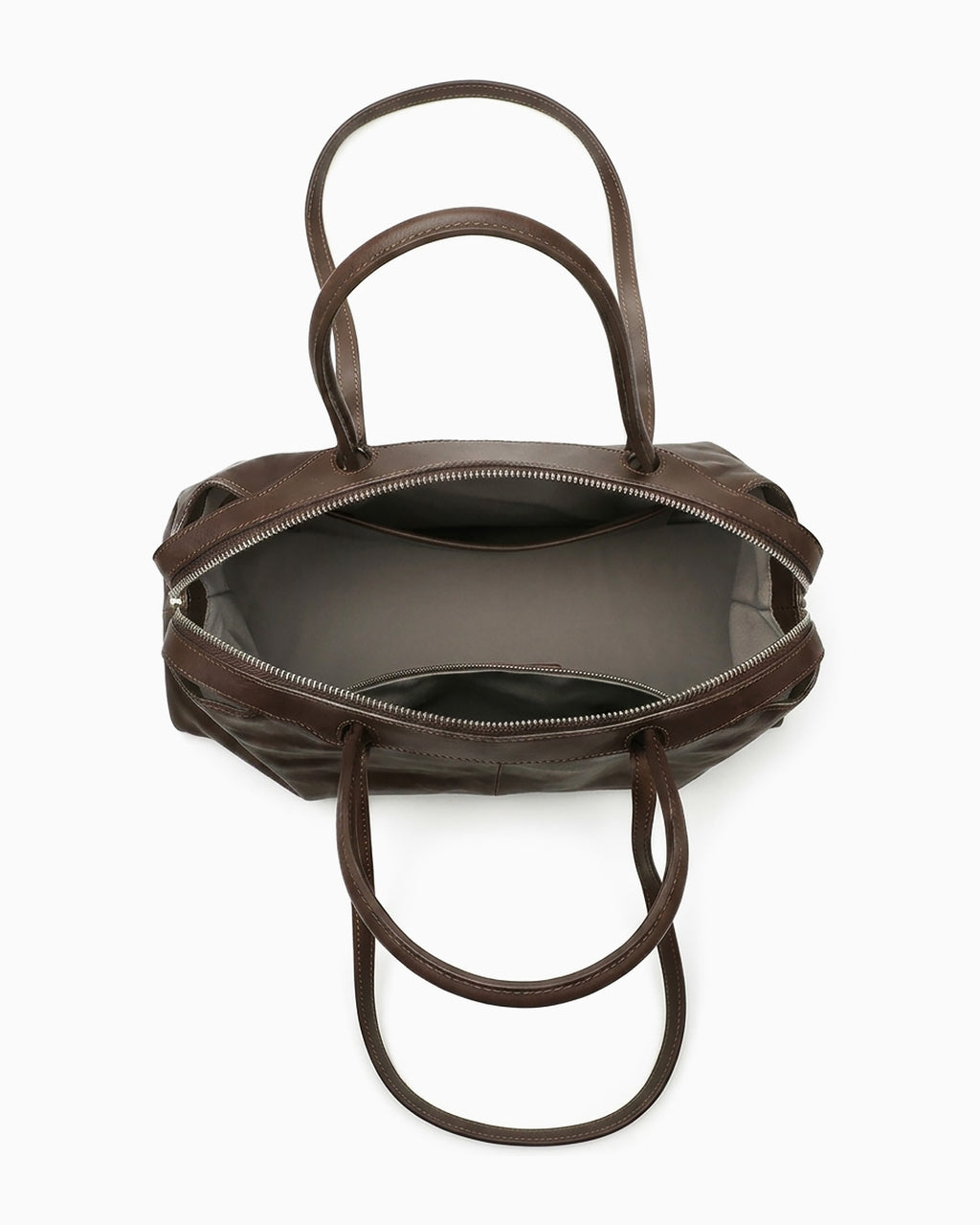 Top-view and compartment details of the Large Coffee-brown Leather Pillow Handbag with Shoulder Straps | BUCKLE Collective