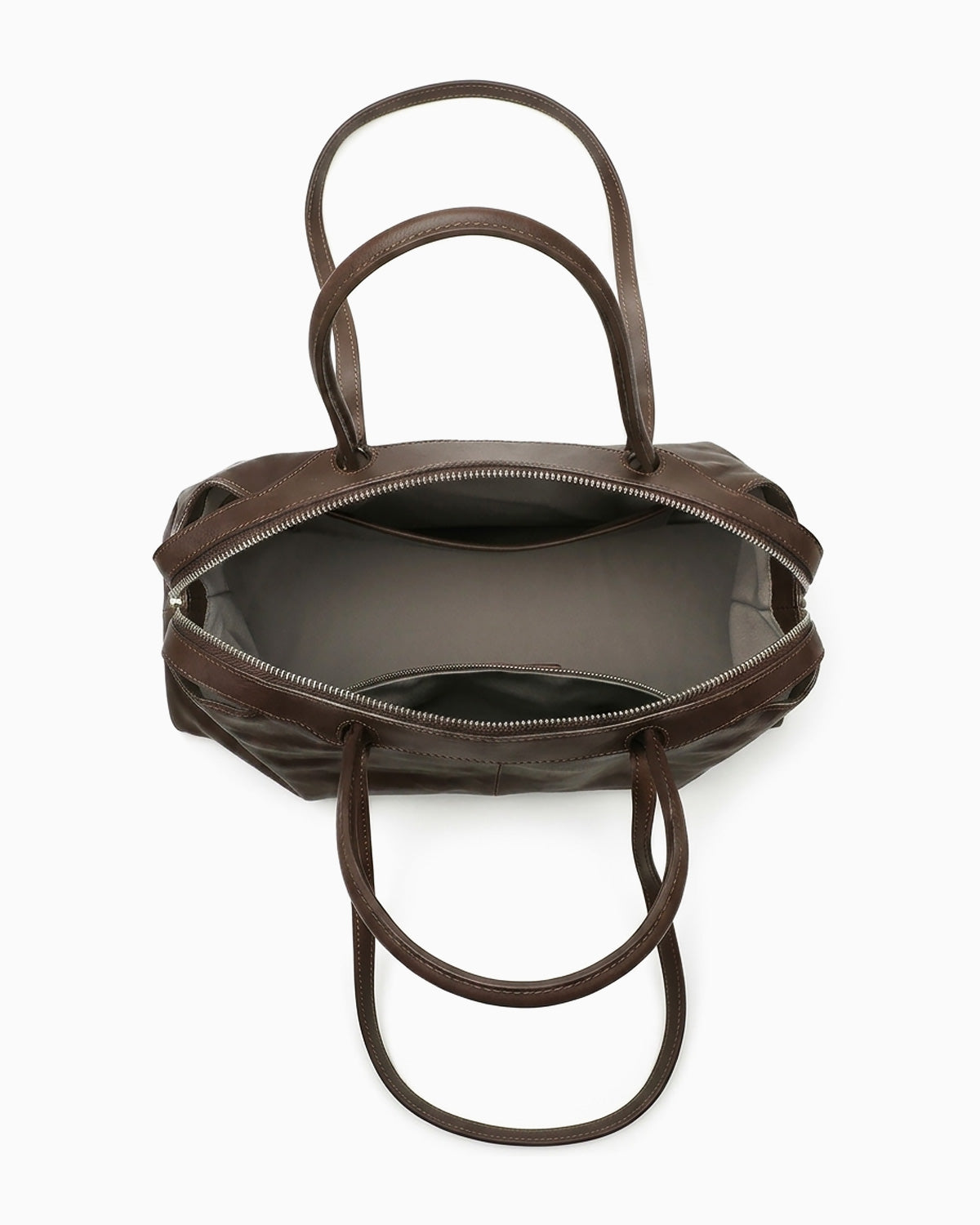 Top-view and compartment details of the Large Coffee-brown Leather Pillow Handbag with Shoulder Straps | BUCKLE Collective