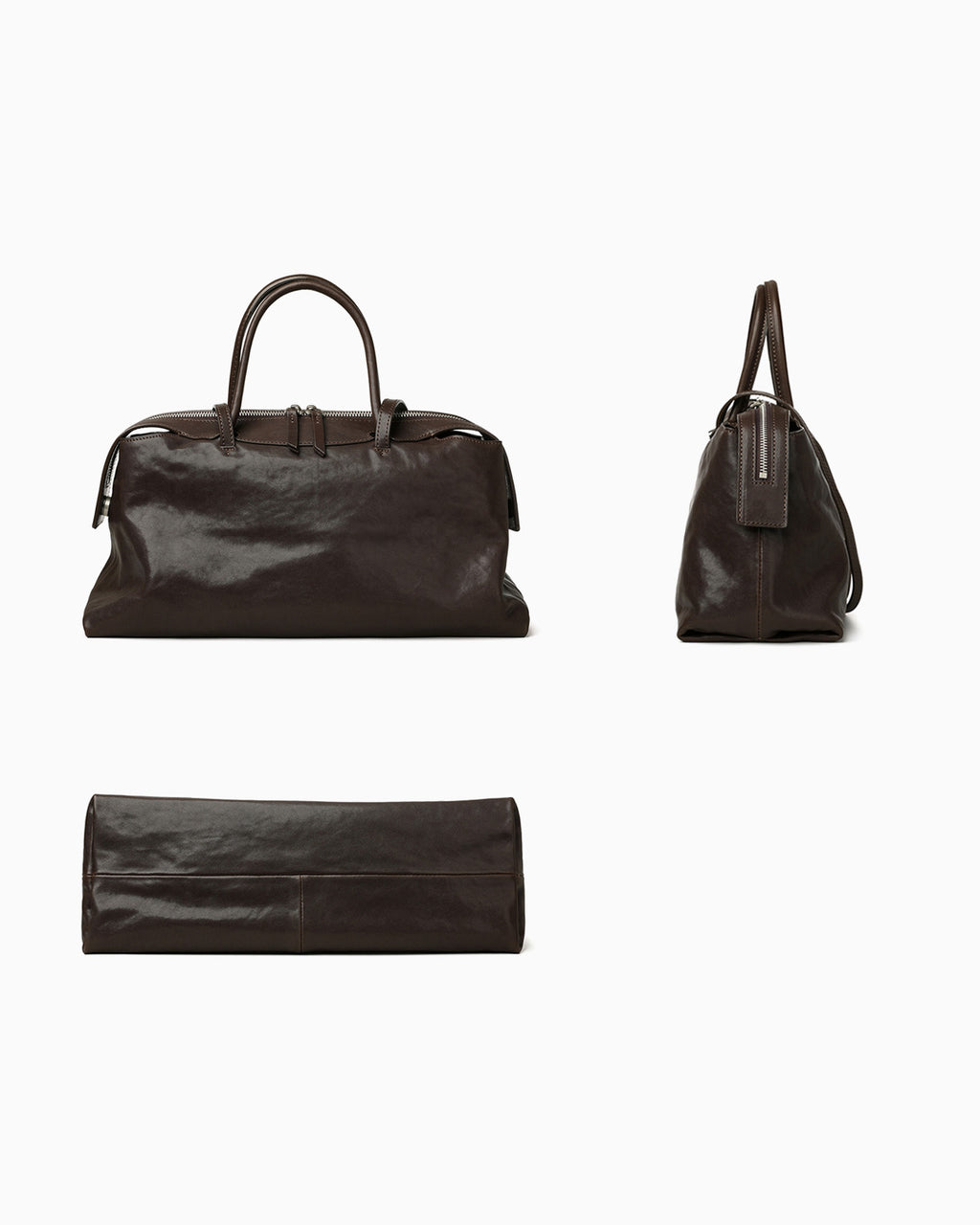 A coffee-brown, crinkled genuine leather pillow duffel bag shown from three angles: front, side, and bottom | BUCKLE Collective