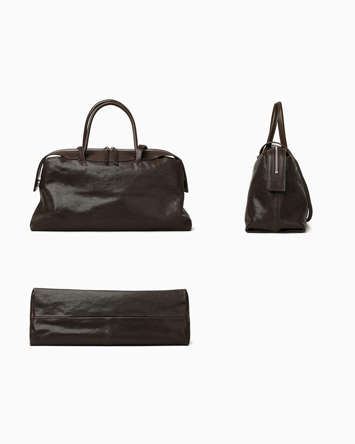 A coffee-brown, crinkled genuine leather pillow duffel bag shown from three angles: front, side, and bottom | BUCKLE Collective