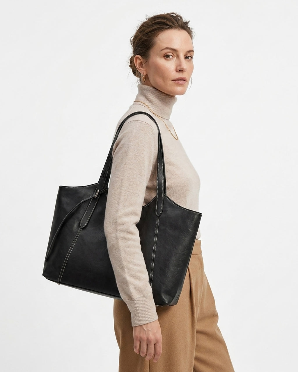 Genuine Leather Tote Bag with Contrast Stitching