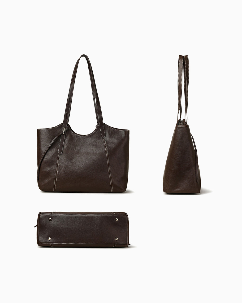 Genuine Leather Tote Bag with Contrast Stitching
